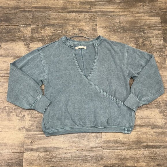 We The Free Anyway Top Distressed Deep Teal Wrap Raw Edge Deep V Extra Small - Picture 2 of 9